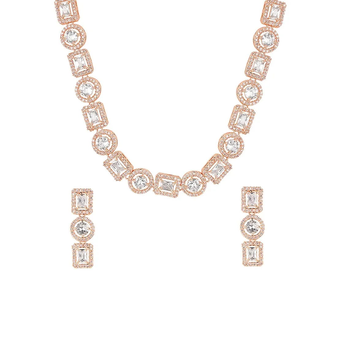 Yellow Chimes Classic AD/American Diamond Studded Rose Gold Plated Square Oval Designed Necklace Set Jewellery Set for Women and Girls, White, Medium (YCADNS-16OVLSQR-RG)