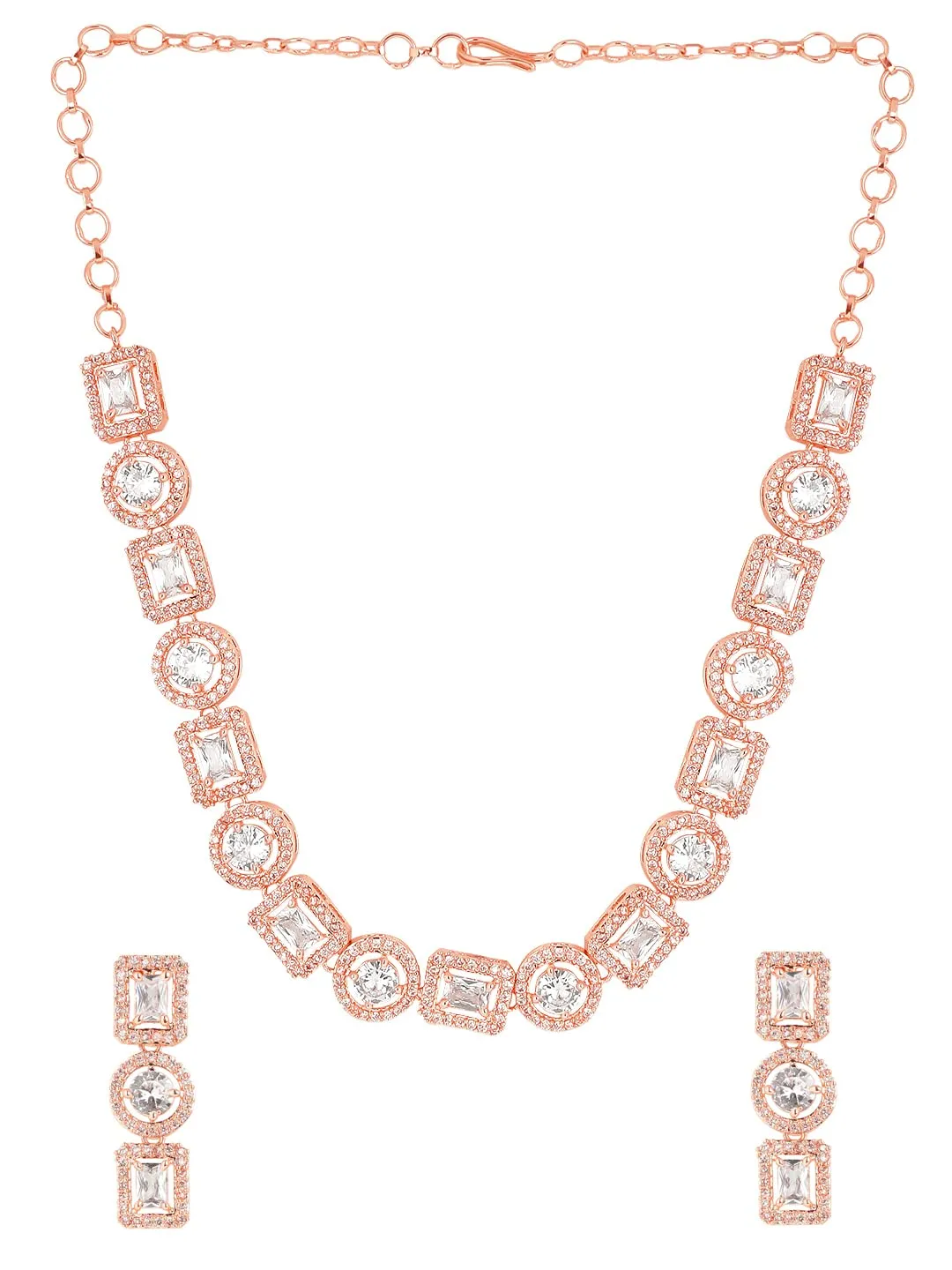 Yellow Chimes Classic AD/American Diamond Studded Rose Gold Plated Square Oval Designed Necklace Set Jewellery Set for Women and Girls, White, Medium (YCADNS-16OVLSQR-RG)