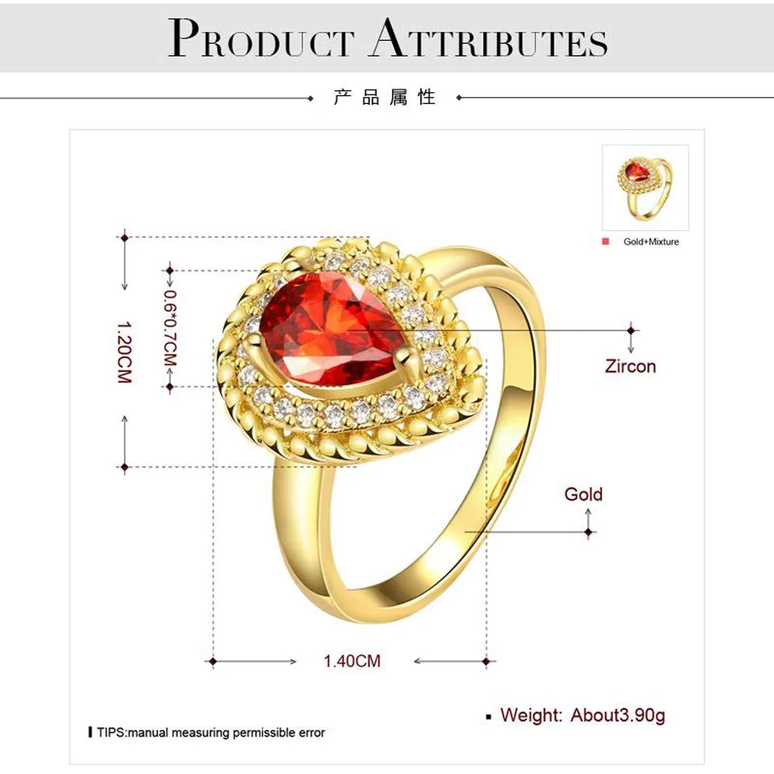 Yellow Chimes Fashion Collection Red Drop Crystal Alloy Zircon Gold-Plated Plated Ring for Women & Girls