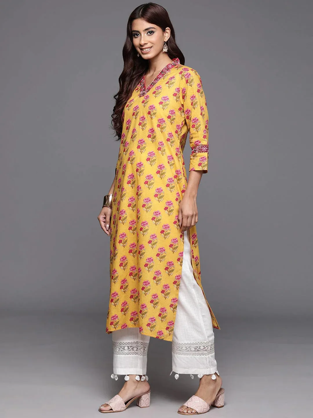 Yellow Floral Printed Embroidered Kurta
