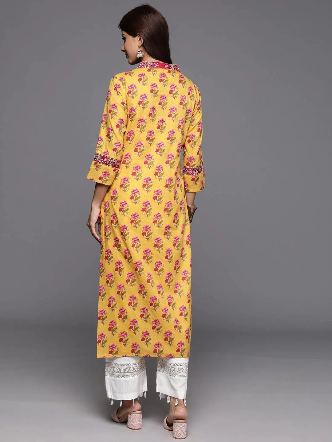 Yellow Floral Printed Embroidered Kurta
