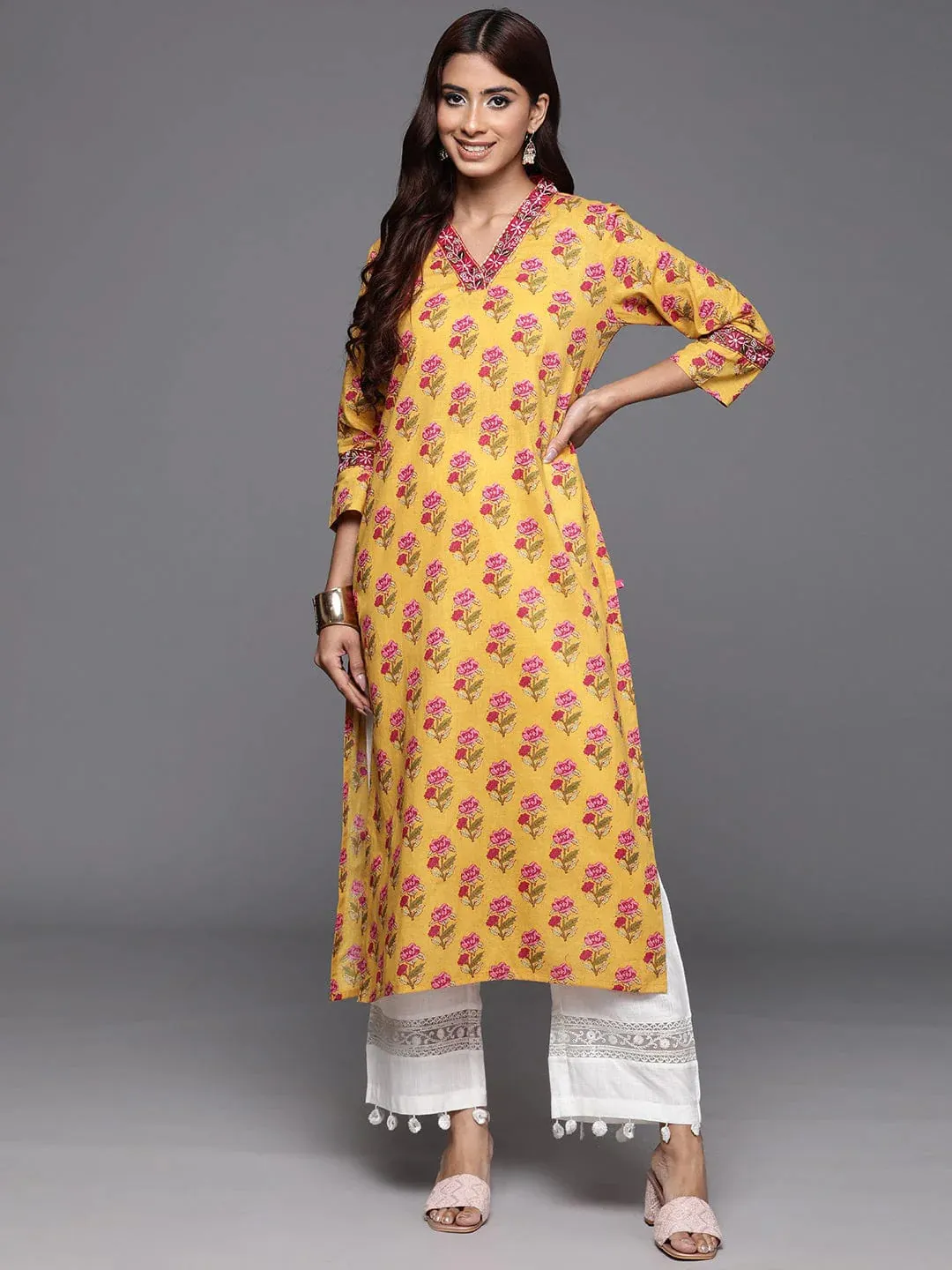 Yellow Floral Printed Embroidered Kurta